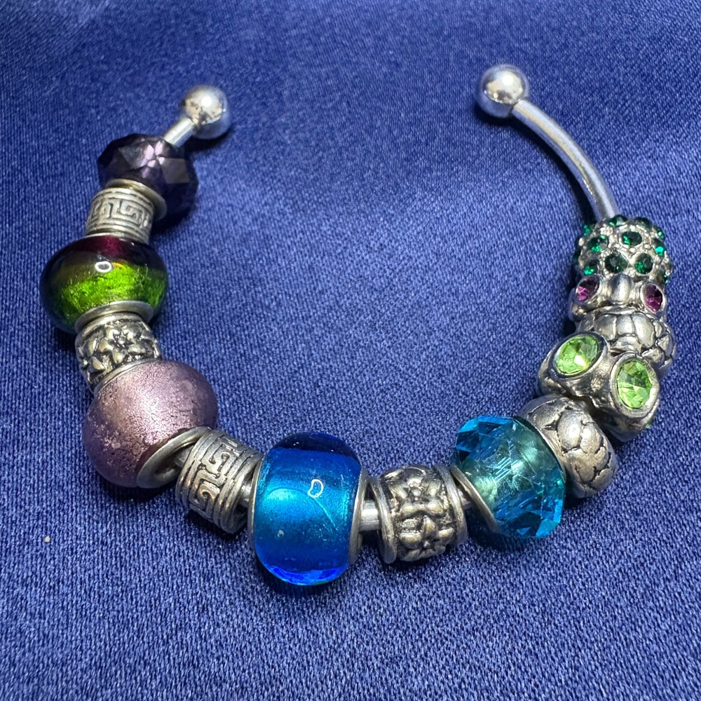 Bracelet Cuff Charms Glass Beads Colorful Silver tone